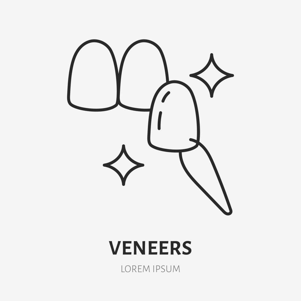 Veneers doodle line icon. Vector thin outline illustration of tooth. Black color linear sign for aesthetic dentistry.